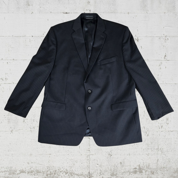 Y2K Lauren Ralph Lauren Black Pinstripe Single Breasted Wool Suit Jacket Size 48 - Picture 1 of 16